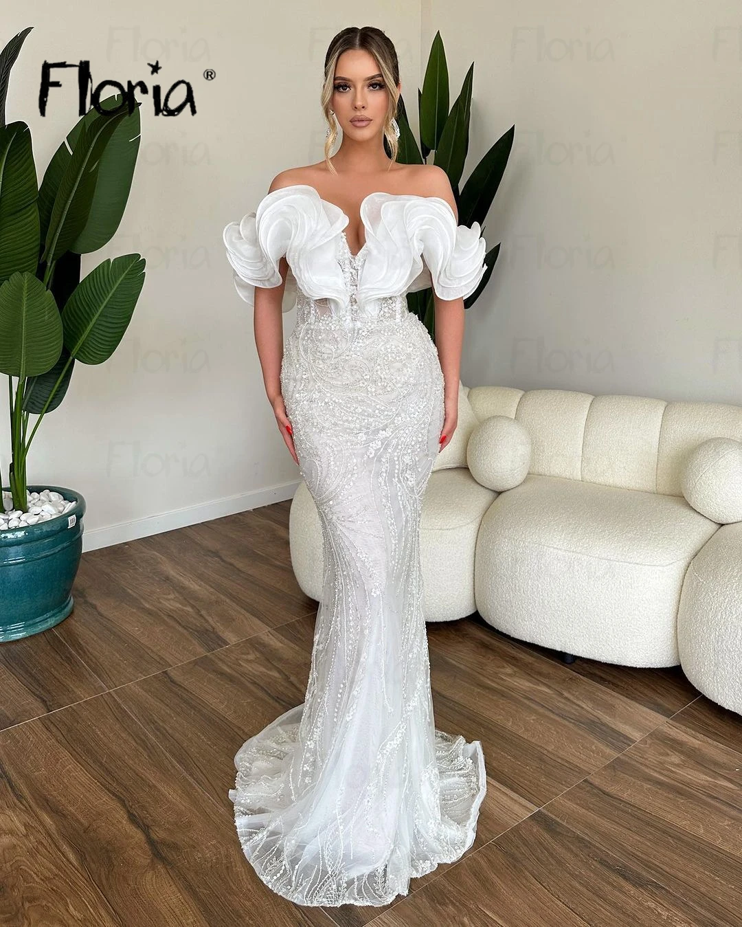 Elegant Strapless Evening Dress White Long Mermaid Ruffles Party Dresses Dubai Celebrity Dresses For Women Customized De Soirée