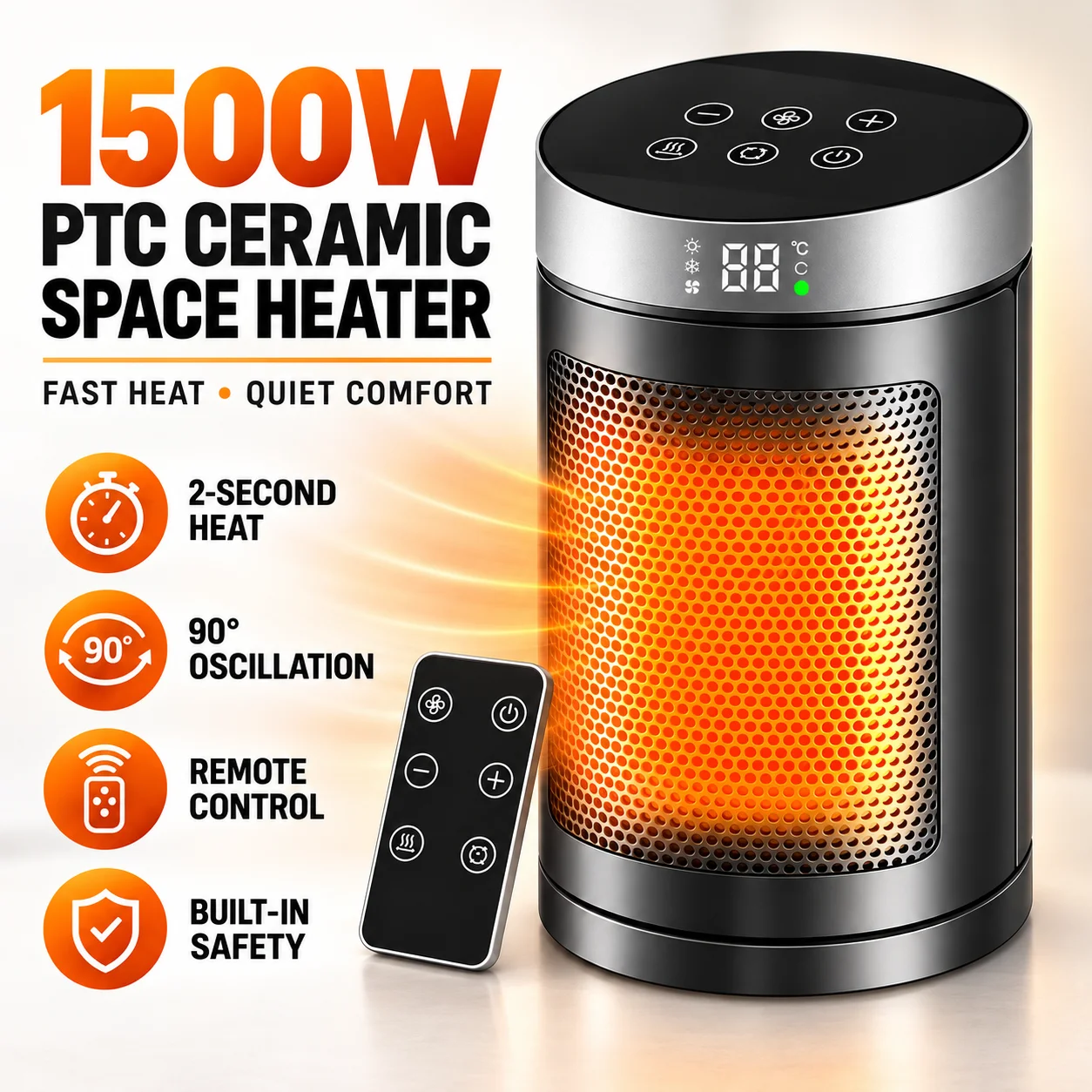 Blossom 1500W – ceramiczny grzejnik PTC z pilotem, 90 ° Przenośny, oscylujący grzejnik elektryczny, 15-35 ℃ Regulowany termostat, cichy grzejnik biurkowy o poziomie hałasu 34 dB, z zabezpieczeniem