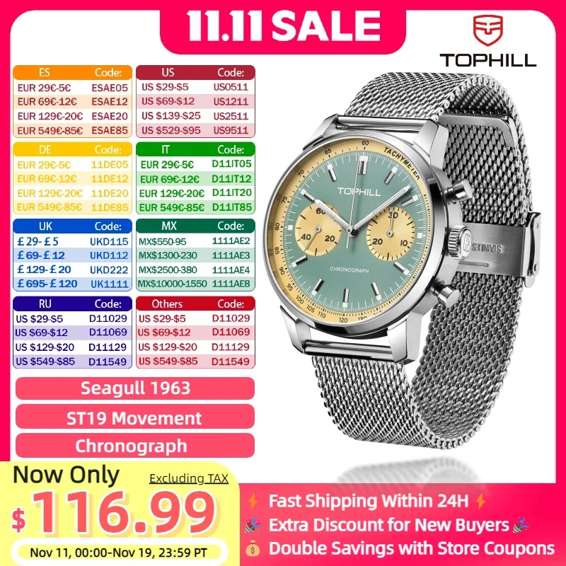 

Часы TOPHILL с хронографом, часы-пилот, часы Seagull 1963, механизм ST19 с сапфировым стеклом, военные ограниченные подарки на день отца