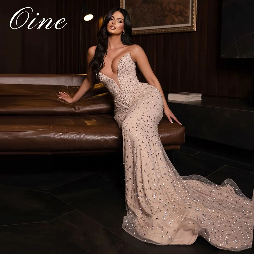 Oine Customized V-Neck Sleeveless Prom Dresses Rhinestone Fishtail Luxury Women's Evening Dress Elegant Party Gowns for Woman