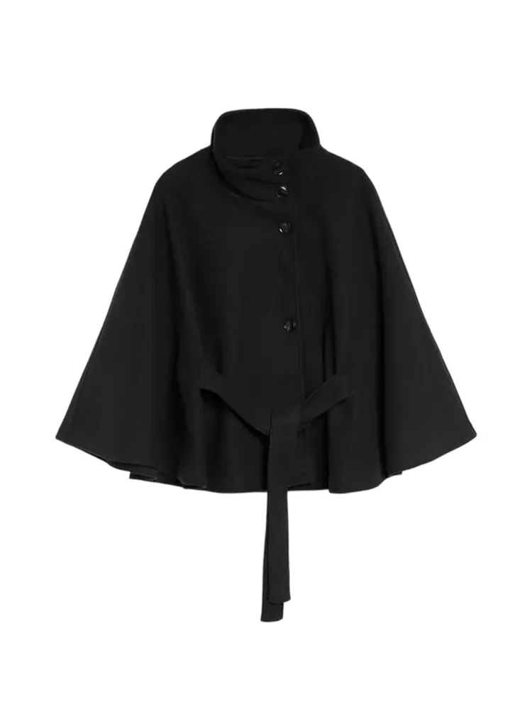 Women's Windbreaker Belted Cape Coat Oversized Jacket Stand Collar Top Autumn Single Breasted Loose Woolen Jackets Woman Clothes