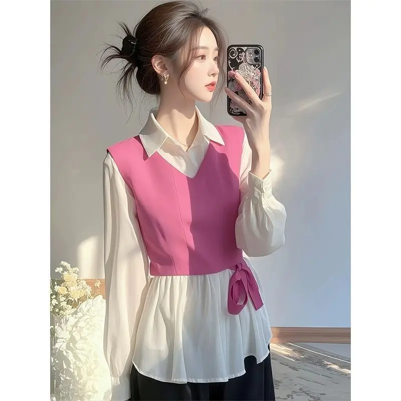 

Long Sleeve Chiffon Blouse Spring Women Fashion Top Luxury High-End Waist Cutout Fake Two Piece