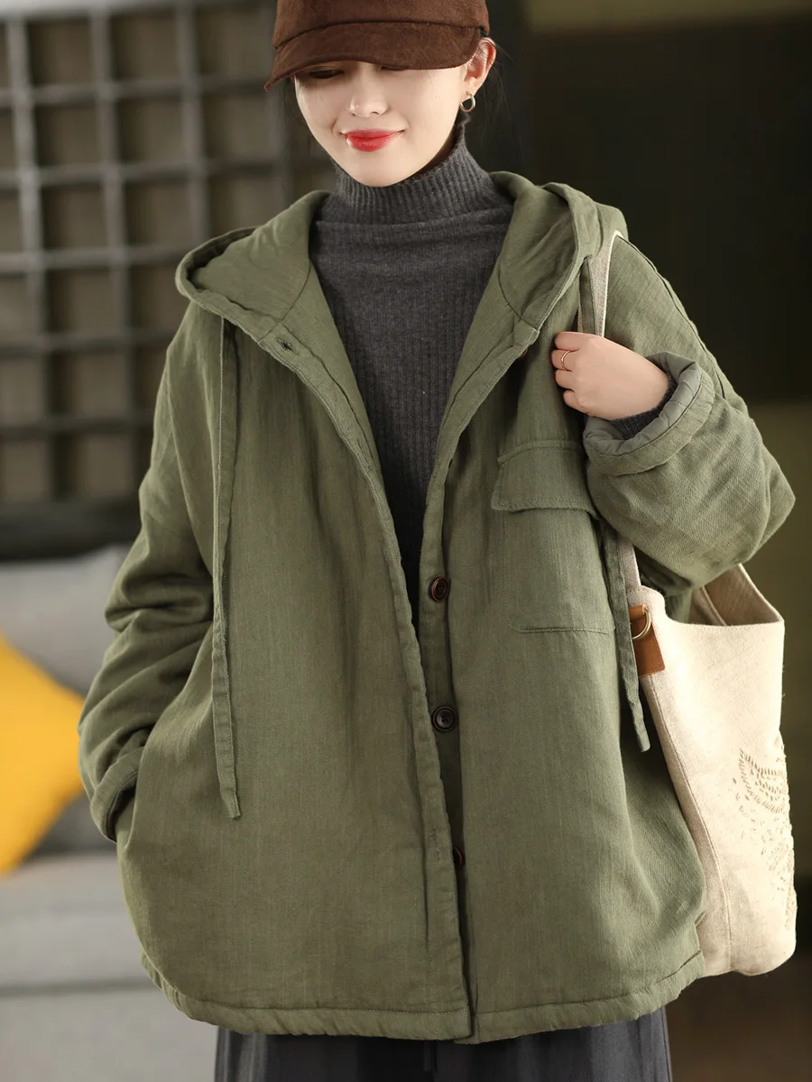 

Зимняя утепленная хлопковая куртка с капюшоном для женщин, свободного кроя, из смесового хлопка и льна, теплая, в художественном стиле