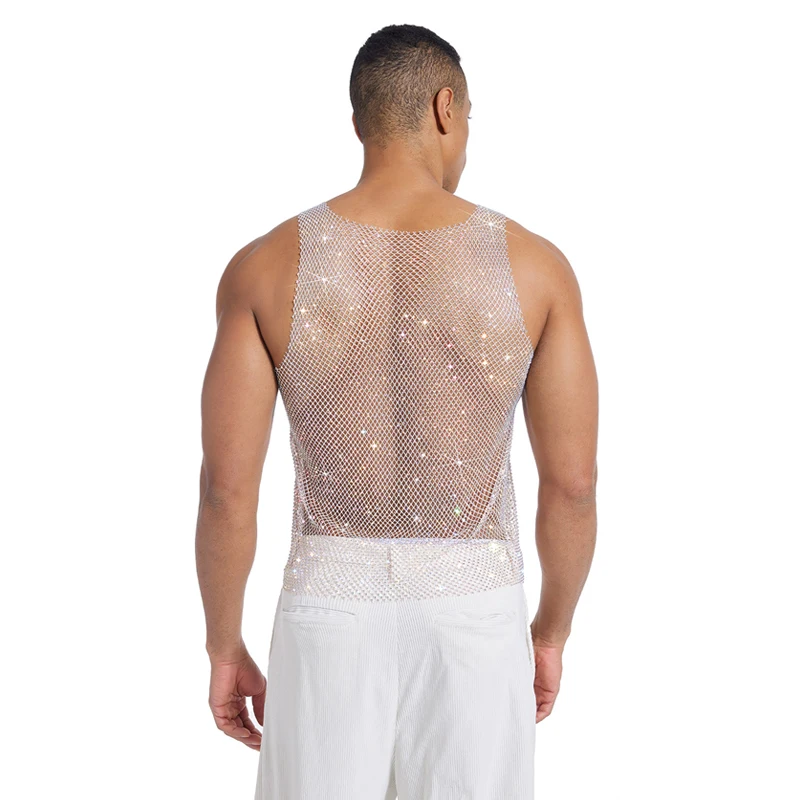 Herren-Tanktop mit glitzerndem Strass-Mesh, durchsichtig, ärmellos, Clubwear, Party-Weste, Herren-T-Shirts und Tanktops, майка мужская – Detail 10