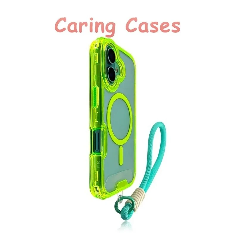 حافظة لهاتف آيفون 17 برو ماكس فوشيا شفافة MagSafe 2 في 1 حبل مقاوم للصدمات متوافق مع آيفون 16 15 14 13 12 11
