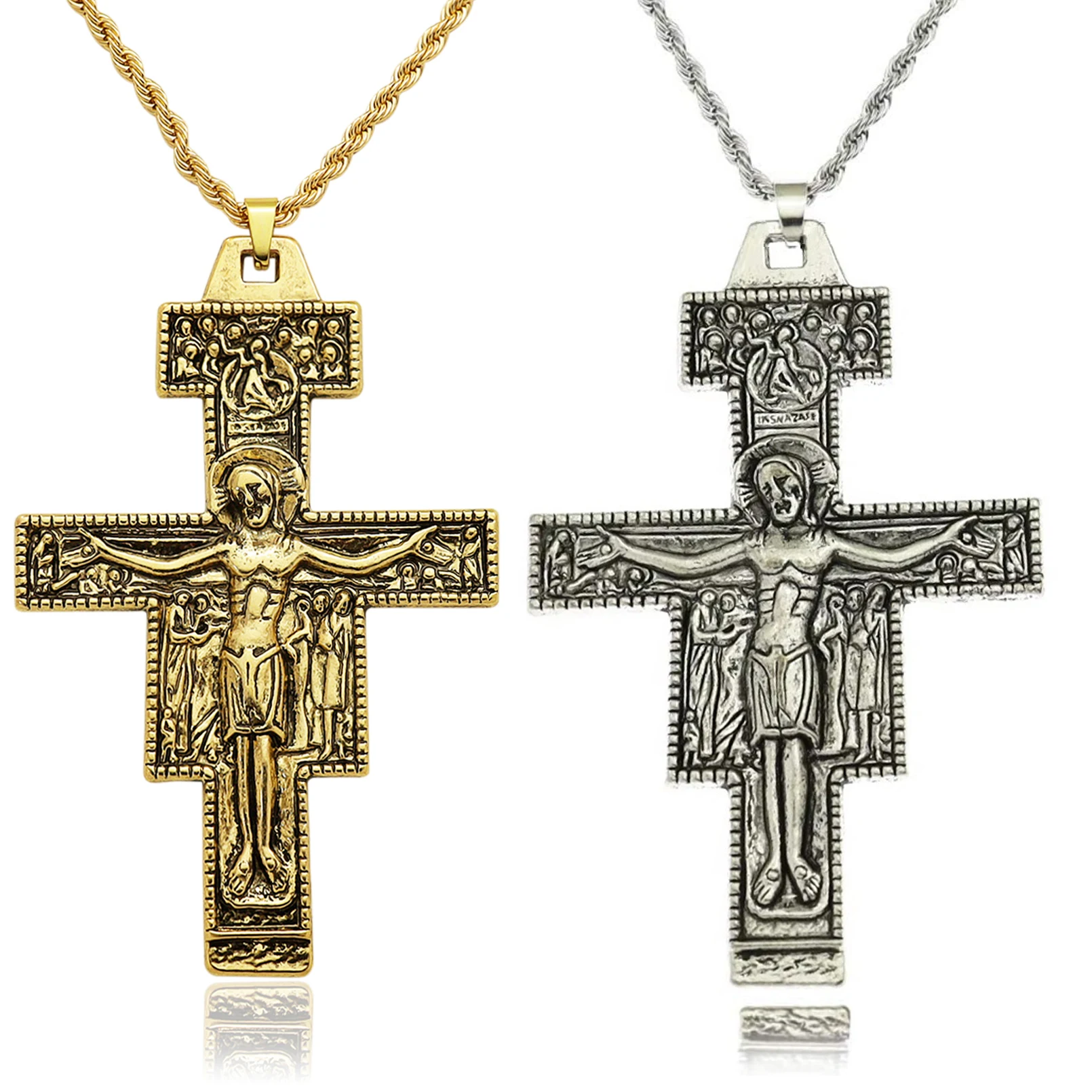 Vintage Saint St Francis of Assisi Tau San Damiano Cross Necklace Catholic Crucifix Amulet Metal Pendant Religious God Jewelry