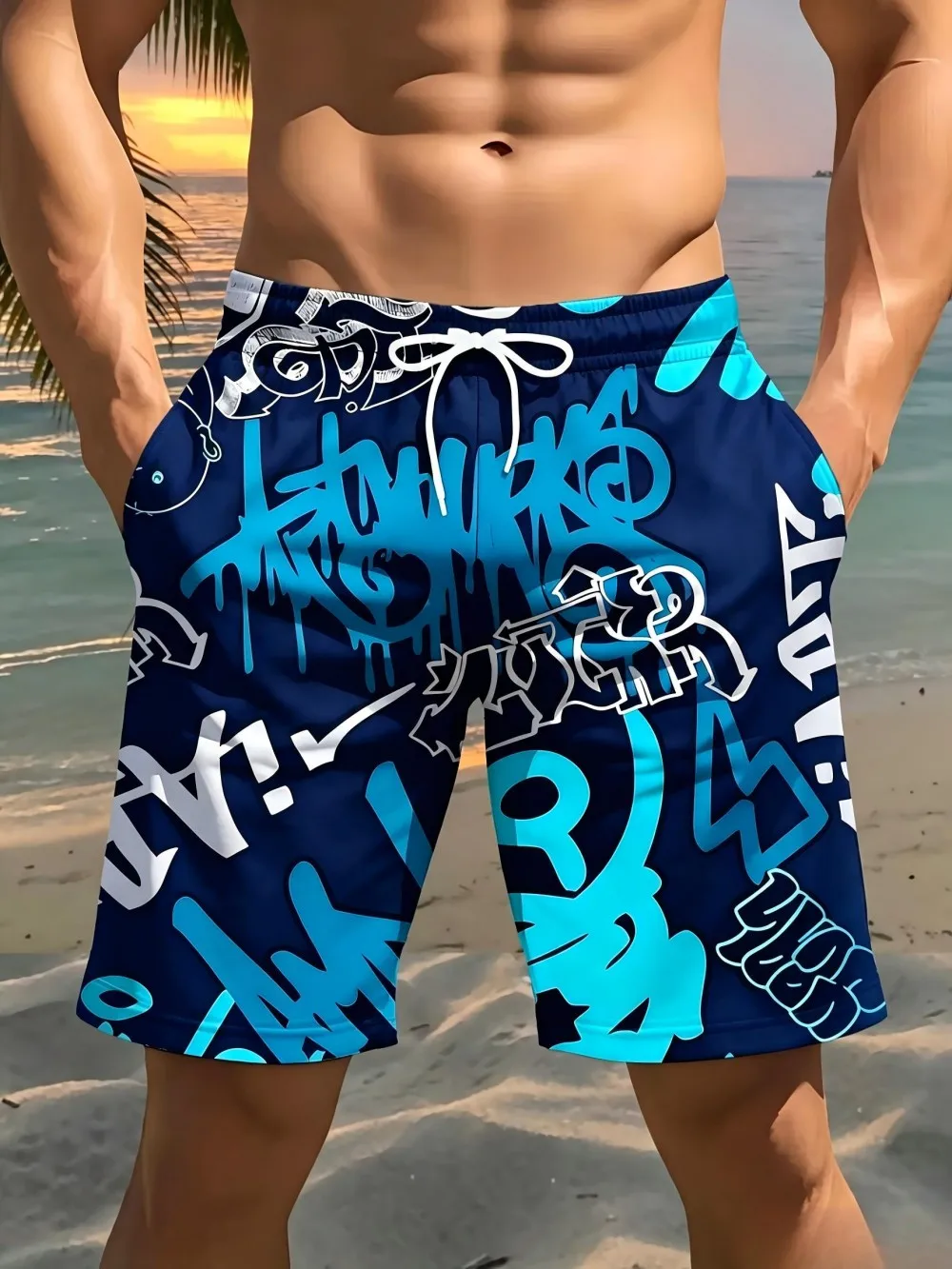 New American style men's summer letter graffiti printed soft and breathable drawstring shorts for outdoor urban casual wear
