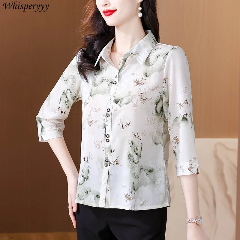 Fashion Chiffon Shirt Women Thin Loose Three Quarter Sleeve Printed Tops Casual Single-breasted Turn-down Collar Blouse Femme