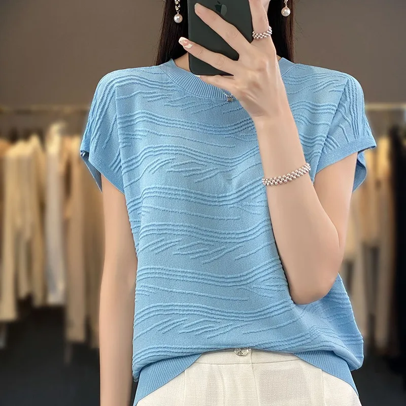 

Summer New Ice Silk Loose Fit Short Sleeve round Neck Wave Pattern Vest Women's Color Slimming T-Shirt Top Fashionable ...