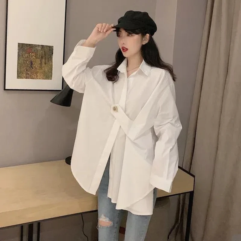 Irregular White Loose Trend Blouse Spring New Long Sleeve Polo Neck Solid Fashion Shirt Tops High Street Casual Women Clothing