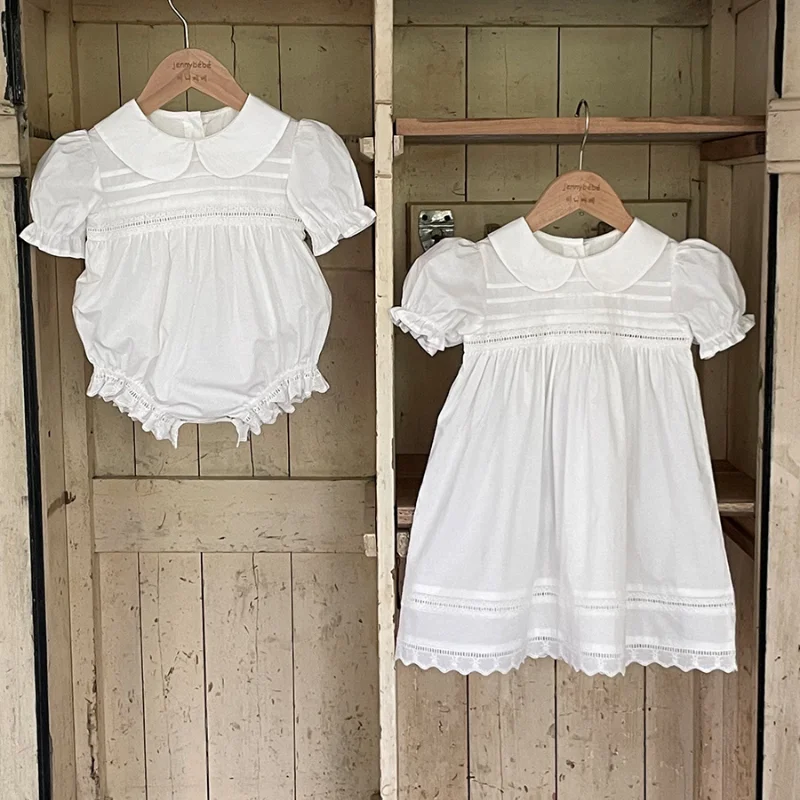 

Summer Thin Baby Girl Doll Collar Climbing Clothes Baby Baptism Clothes Cotton Boutique Dress White Eid Sister Clothes