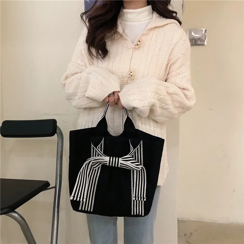 Black Neutral Fashion Simple Women's Bow Canvas Bag Hand Pull Dark Tie Small Fresh Hand Handbag A Bag view 5