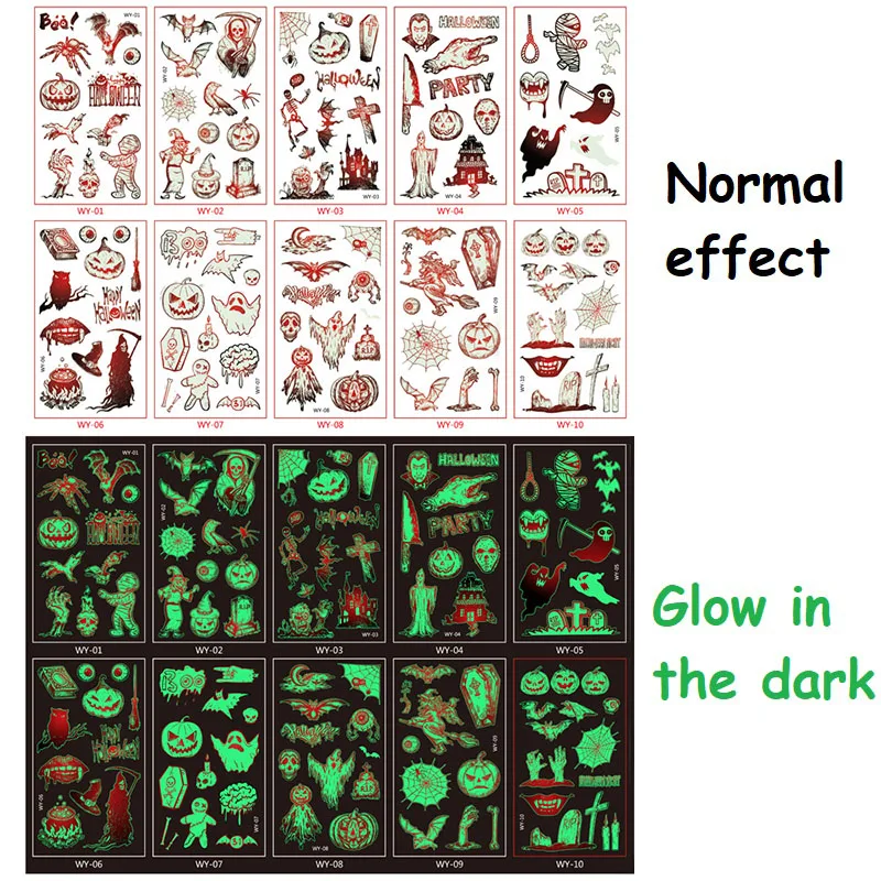 Новые Светящиеся Татуировки, наклейки на Хэллоуин, Детские Мультяшные Светящиеся Татуировки, Временные татуировки, боди-арт, искусственные татуировки на руку для детей