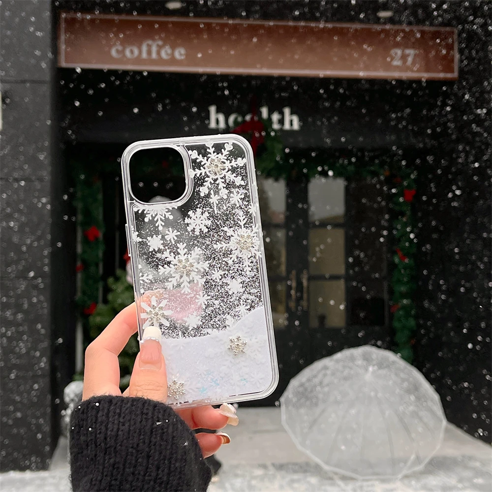 Glitter Snowflake Liquid Quicksand Phone Case For iPhone 13 12 14 Plus 15 16 Pro Max 11 Santa Claus Snowman Christmas Cover