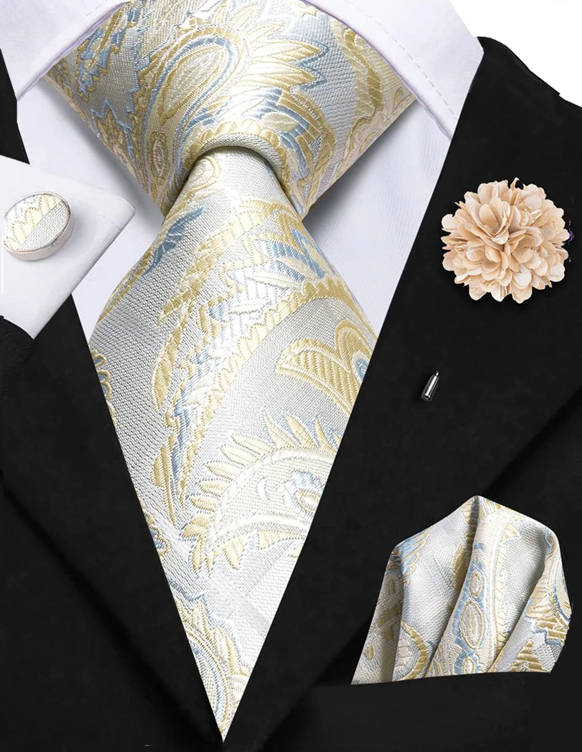 

Tie With Brooch Champagne Paisley Silk Elegent Necktie For Men Handky Cufflink Fashion Wedding Business Party Hi-Tie Designer