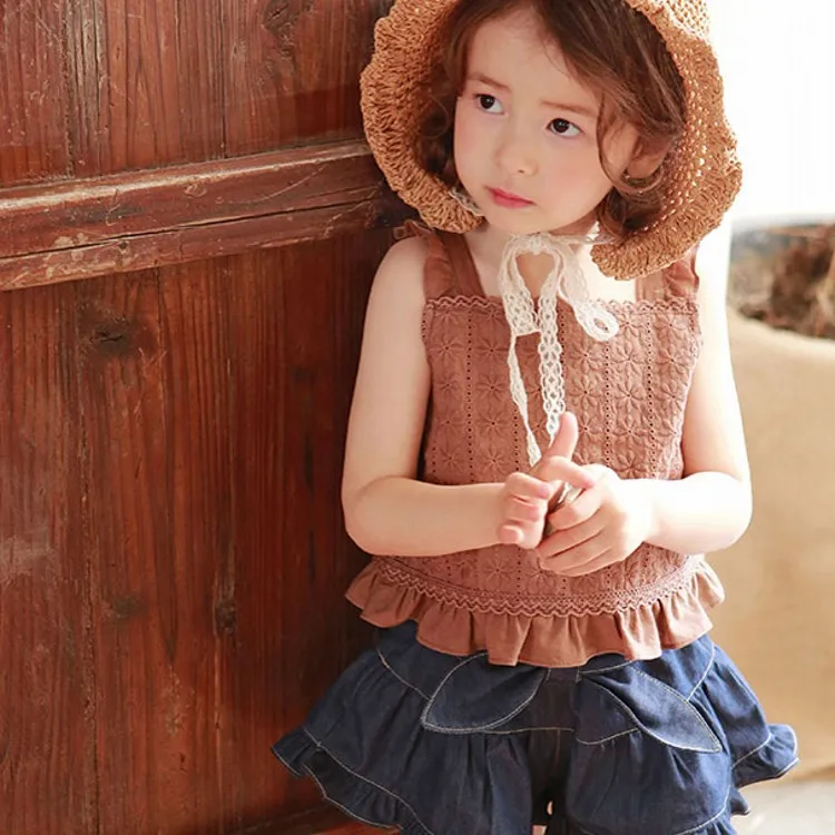 SUMMER Kids Waistcoats Solid Color Korea Style Countryside Sleeveless Print Elegance Advanced Cotton for Girls