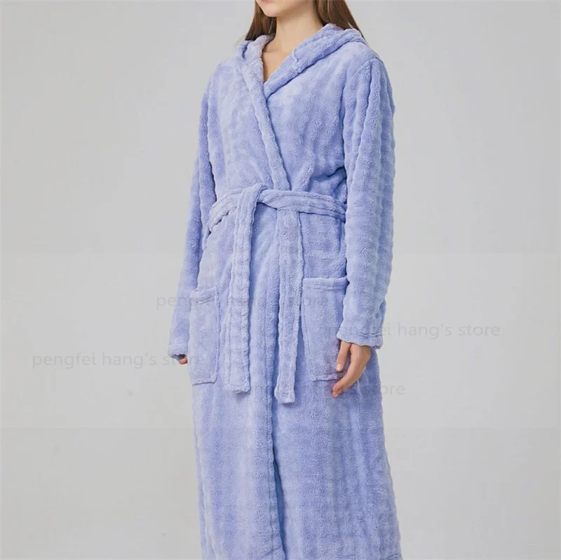 Warm Coral Fleece Robe Women Soft Sleepwear Autumn Winter Home Clothing Solid Color Kimono with Pocket Shower Bathrobe Gown