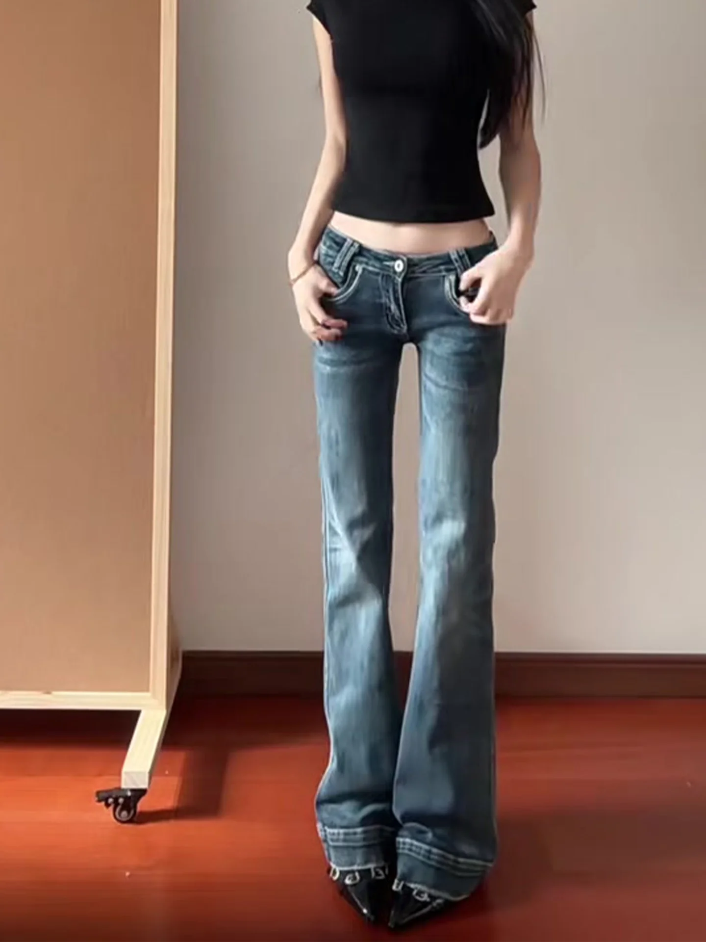 

Женские джинсы Slim Fit с высокой талией, синие, весенняя новинка, ретро-стиль, с эффектом потертости, удлиненные, сексуальные джинсы с низкой посадкой, джинсовые брюки.