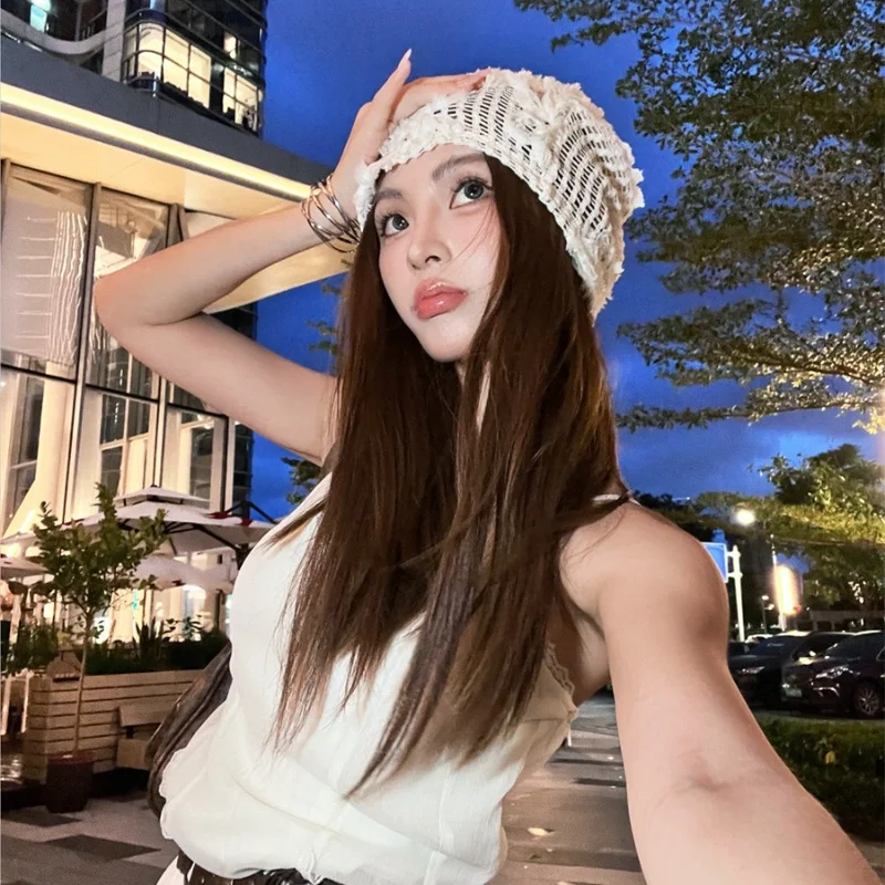 Korean Lace Three-Dimensional Flower Hollow Knitted Hat for Kids Summer Thin Breathable Versatile Face-Showing Knit Cap