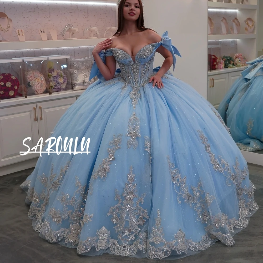

Blue Princess Glitter Quinceanera Dress Beaded Crystals Appliques Ball Gown Sweet Charming Corset Customized Formal Prom Wear