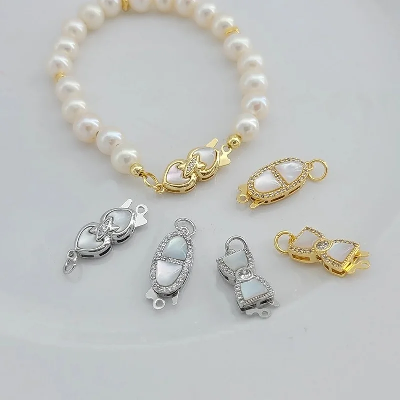 1 Piece of Gold-plated Copper Inlaid Zircon Shell Bow Tie Heart Single Row Clasp DIY Pearl Bracelet Necklace End Connector
