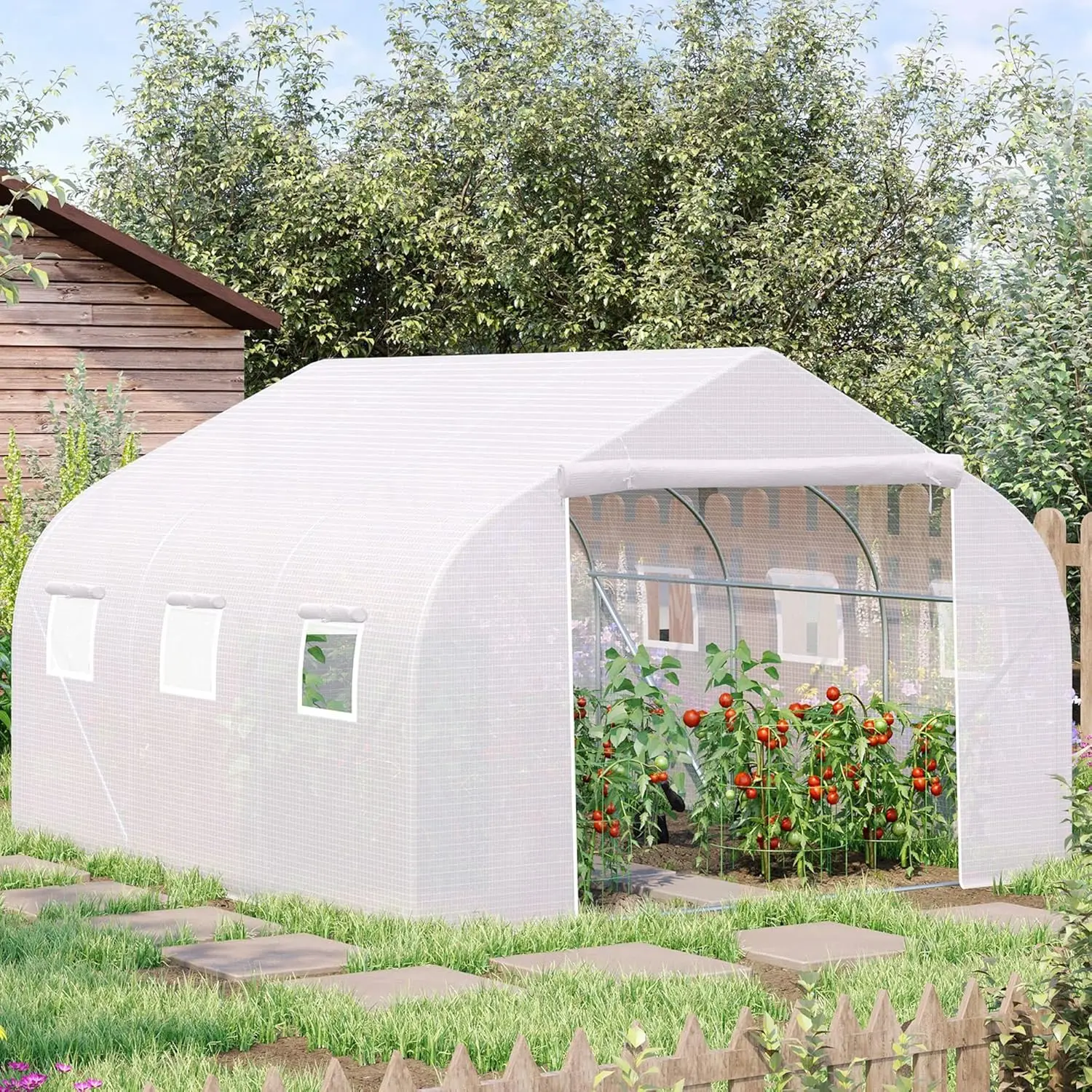 11.5' x 10' x 6.5' Outdoor Walk-in Greenhouse, Tunnel Green House with Roll-up Windows, Zippered Door, White