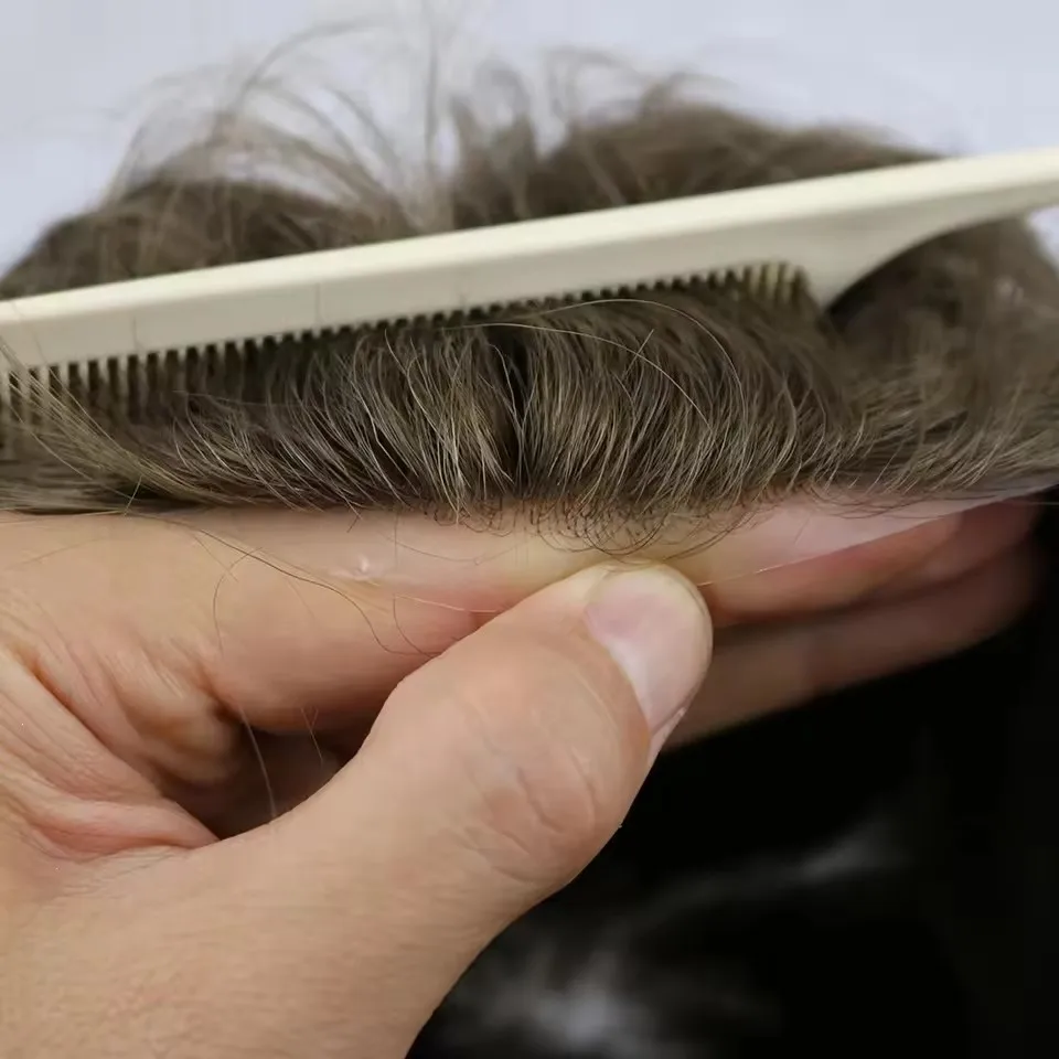 Australisches Haartoupet für Männer, Lace-PU-Umrandung, graubraune Echthaarteile, männliche Haarersatzprothese, atmungsaktive Perücken, Prothesenersatz – Detail 6
