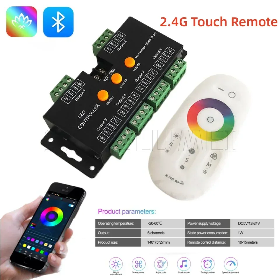 6-WAY Pixel Strip String Modules Light Music Controller DC5V/12-24V LED RGB IC Dreamcolor Touch RF Bluetooth APP RGB Controller