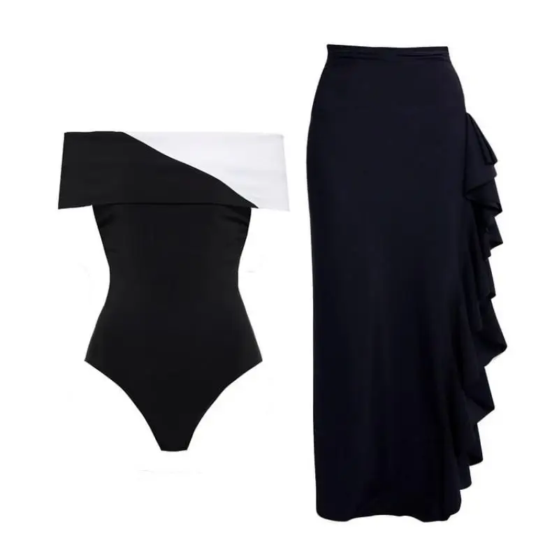 Flaxmaker-bañador Sexy de una pieza para mujer, traje de baño y falda con hombros descubiertos, conjuntos de trajes de baño de bloques de Color, ropa de playa para mujer 2025