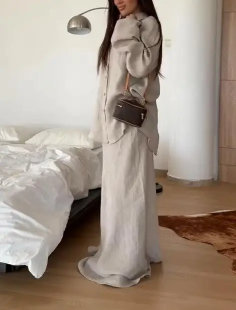 Women's 2025 Autumn/Winter New Solid Color Loose Long Sleeve Shirt High Waist Half Skirt Fashion Set Women's Clothing