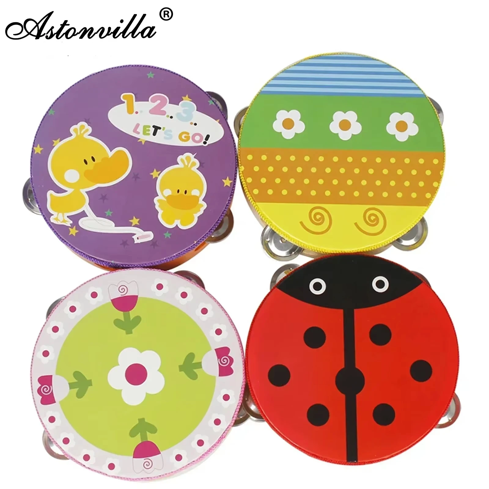 Orff Beats Flower Bells and Drums Cartoon Tambourine Wooden Handheld Tambourine for Kids Durable Music Educational Gift