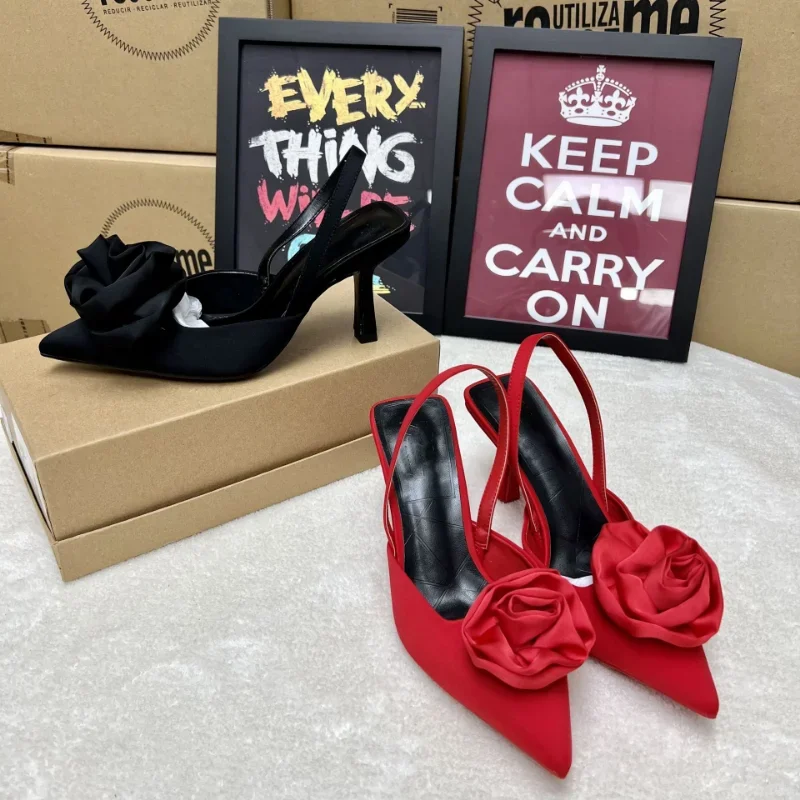 Bombas elegantes de dedo apontado para senhoras, plus size, design de flores, slip slingback de luxo, mulas de salto alto, sapatos femininos, moda