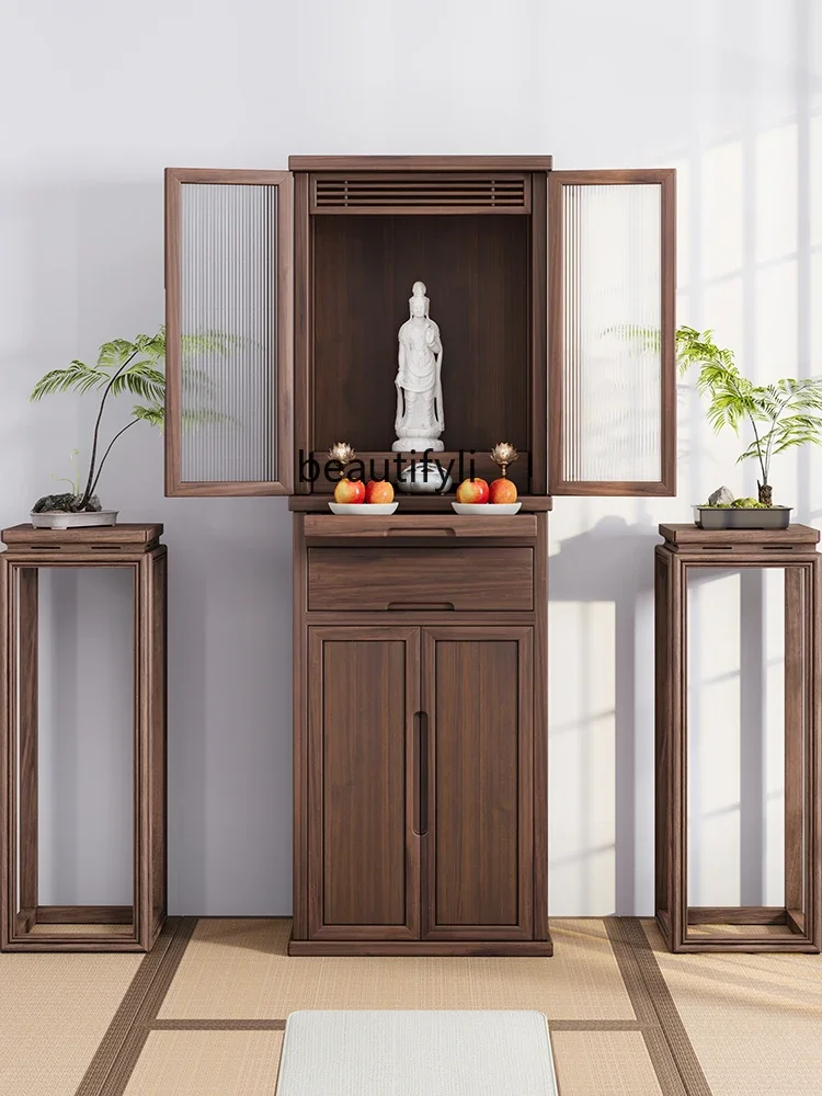 Black walnut Chinese vertical cabinet supply table Solid wood Buddhist niche Glass with door Household God of Wealth cabinet