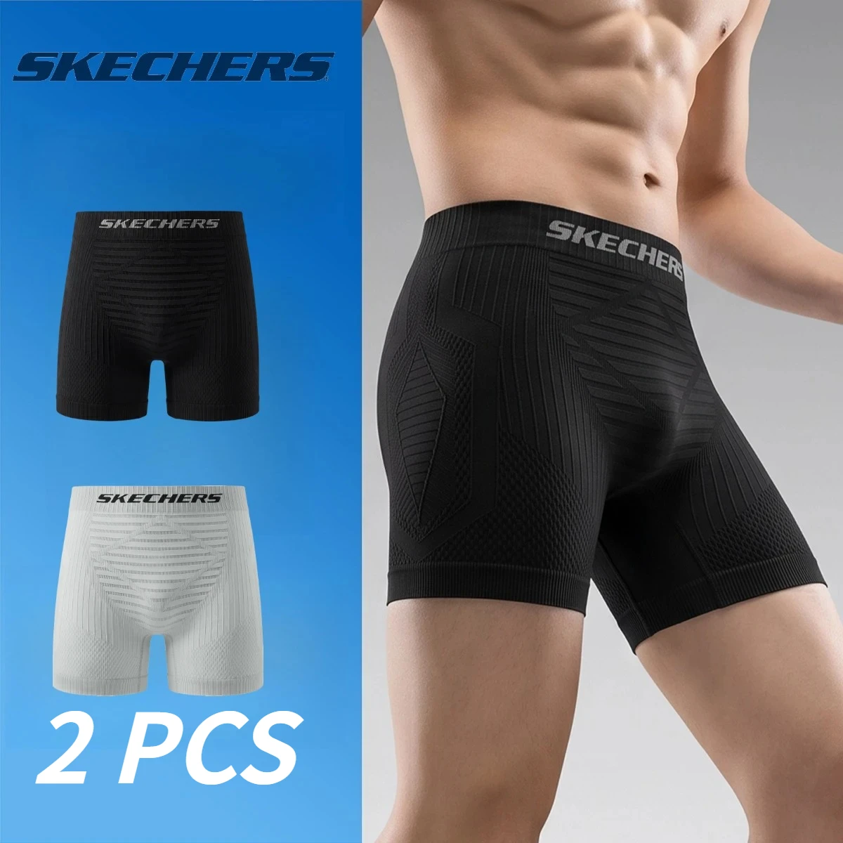 Skechers 2 Piece Set Of Four Season Men Solid Color Long Casual Underwear Sports Base Shorts Plus Size Flat Corner Pants L-5XL