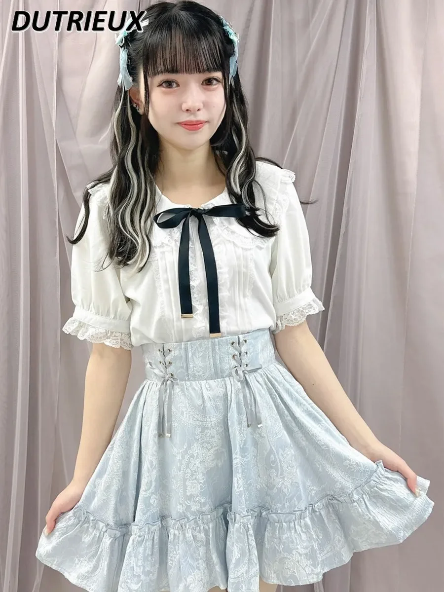 

Lolita Rojita Skirt Lace-up Jacquard Ladies Summer Japanese College Style Casual Solid Color Women's High Waist Short Skirts