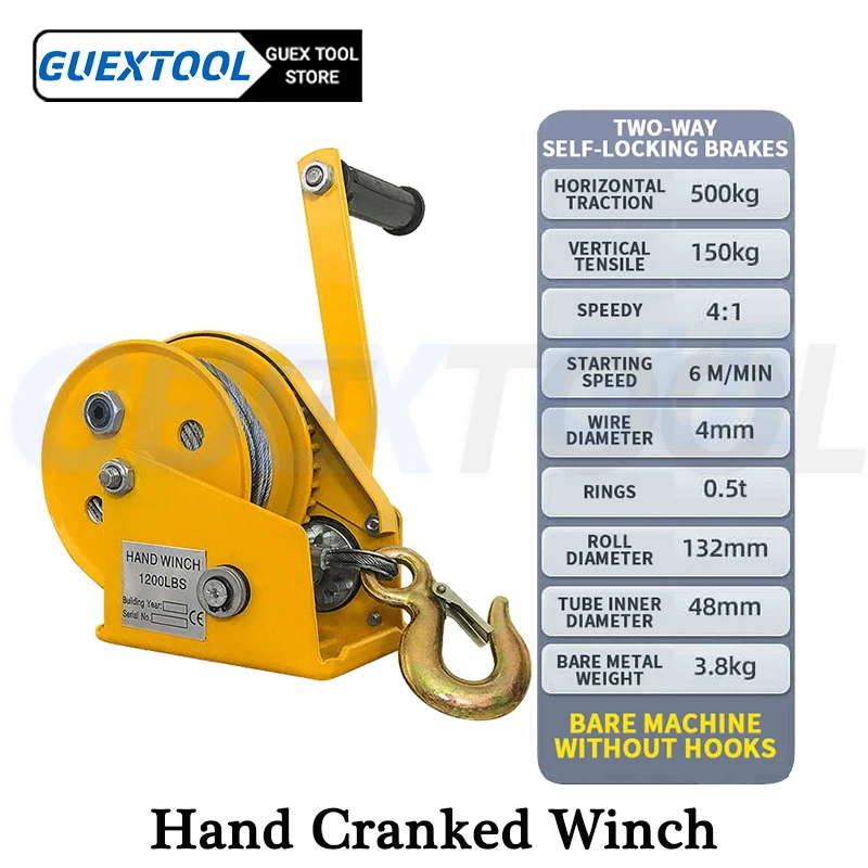 1200 Pound Miniature Waterproof Tractor Crane Wirerope Hand Operated Winch Household Construction Winch Lifting Carry Windlass