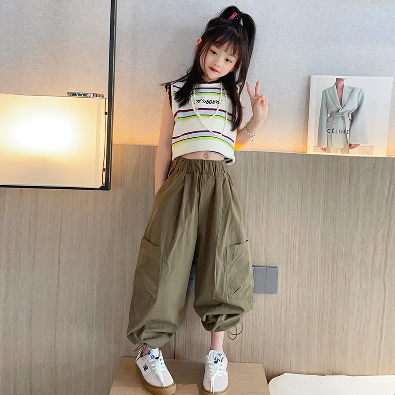 summer teenager kids girls clothes Striped Ice Silk Tank short Top roupa feminina infantil 12 anos child Cargo pants vetement