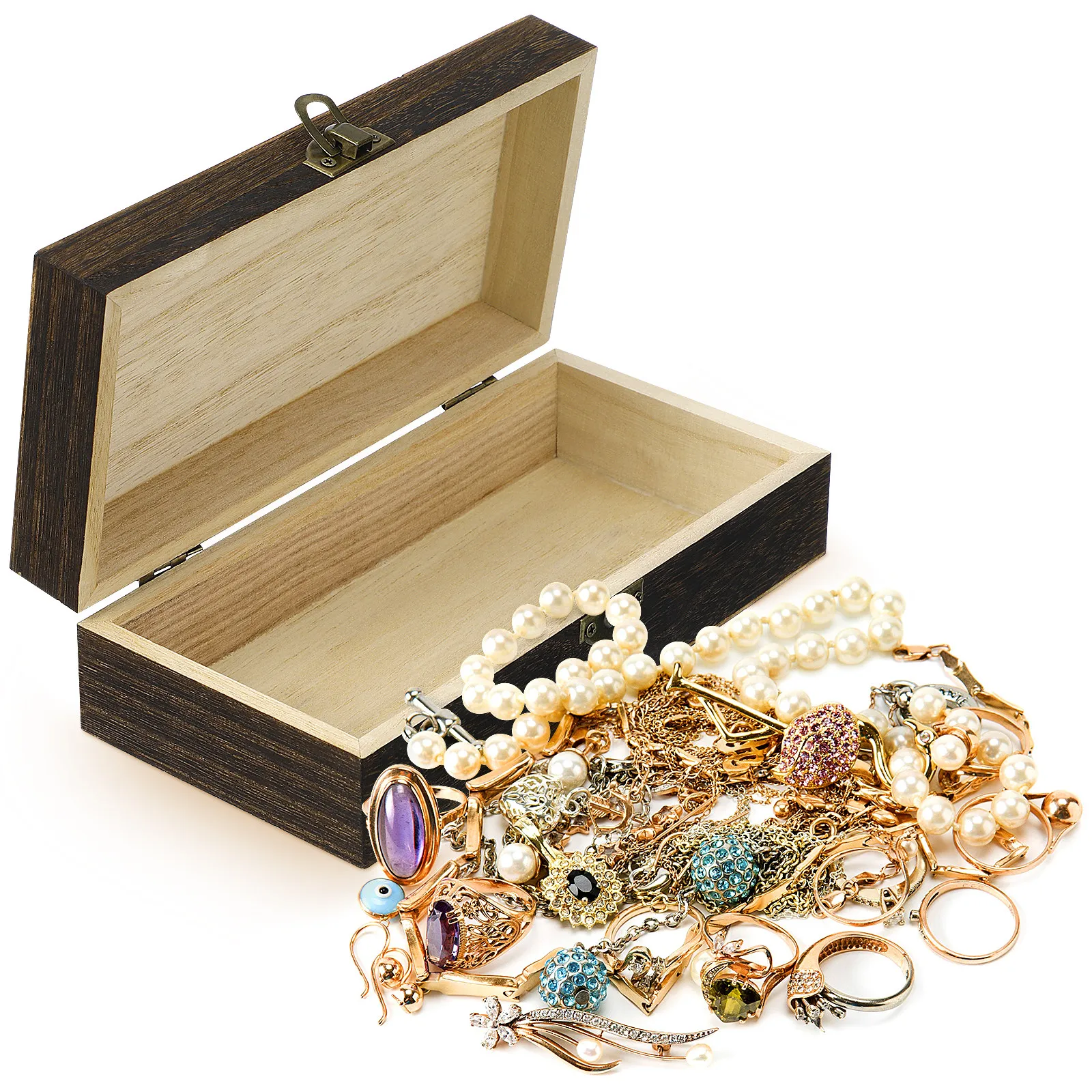 Natural Wood Jewelry Box Rectangular Shape Flip Lid Retro Decorative Storage Organizer for Bracelets Watches Earrings Pendants
