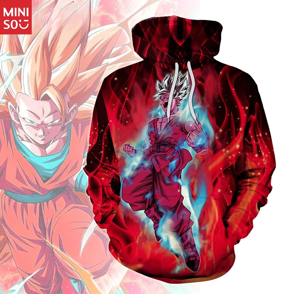 Miniso Autumn and Winter Dragon Ball Saiyan Blue Sun Wukong Printing European and American Long Sleeve Hooded Sweater Men Women