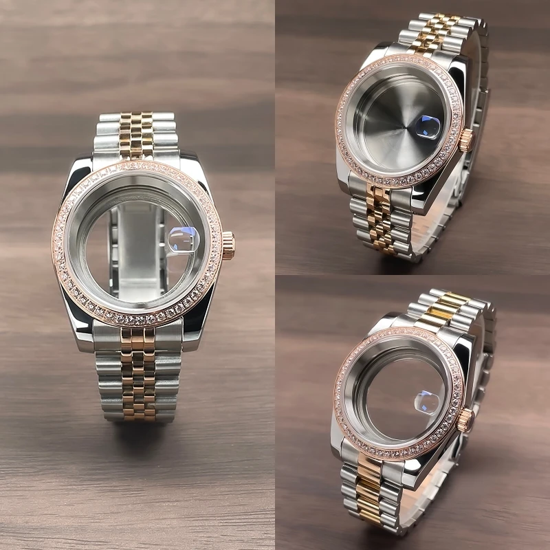 

Корпус NH35 36 мм/39 мм с бриллиантовым безелем, сапфировое стекло, модный президент, юбилейный ремешок 2T, розовое золото, DJ Fit NH35 NH36, корпус для часов с механизмом