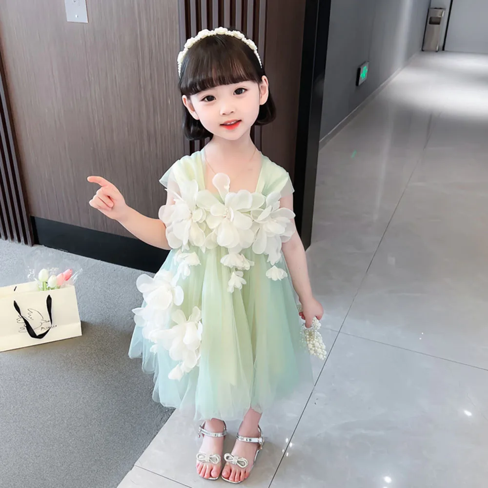 Sweet Light Green Flower Girl Cute Square Collar Sleeveless Flower Appliques Party Gown Casual Knee-Length A-Line Dress