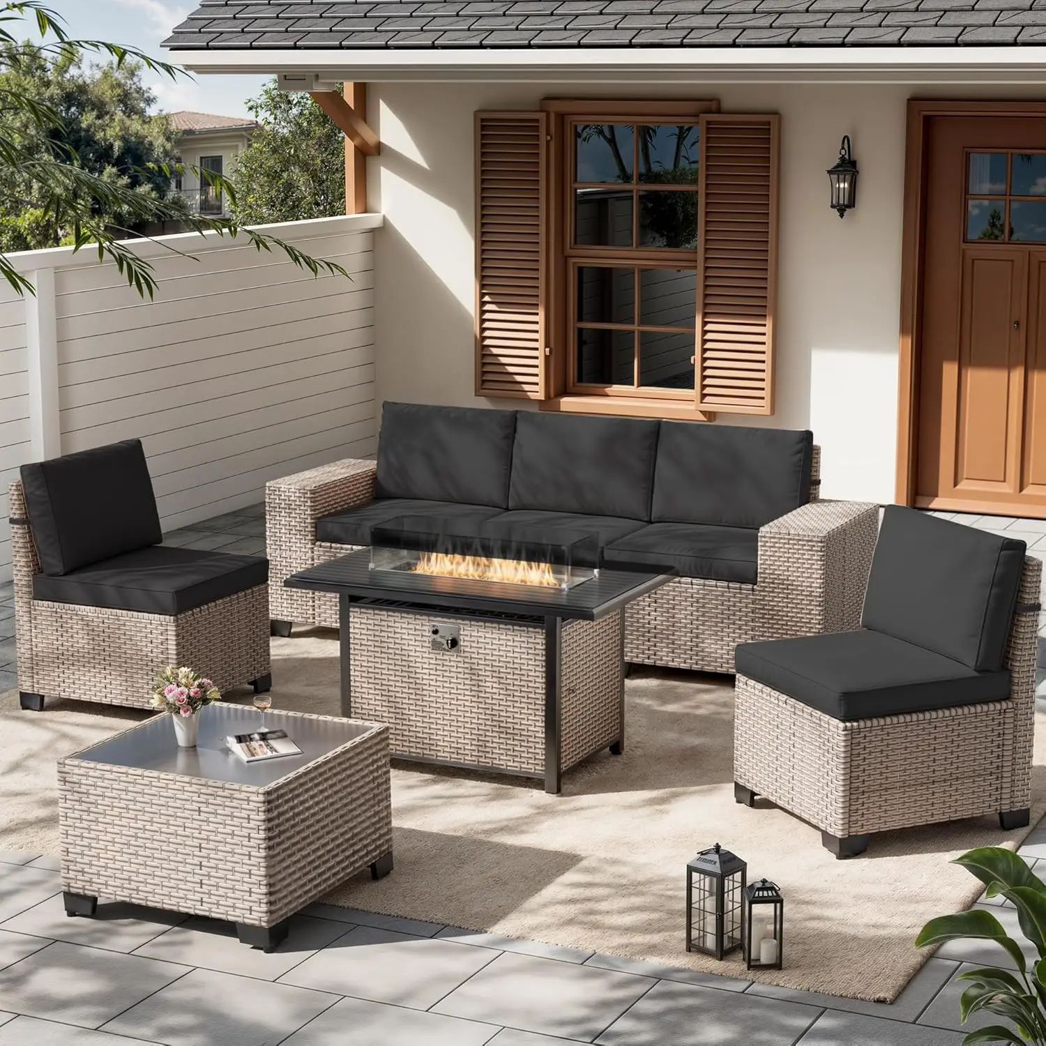 

7 Pieces Patio Furniture Set with Fire Pit Table, Outdoor Sectional Wicker Sofa with Thickened Cushions and Coffee, Customized