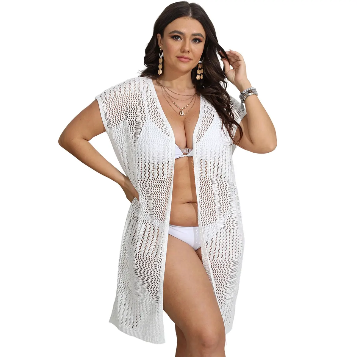 

Plus Size Oversize Women Cardigan Knit Beach Bikini Cover Up Dress Hollow Beachwear Short Sleeve 6 Pure Color