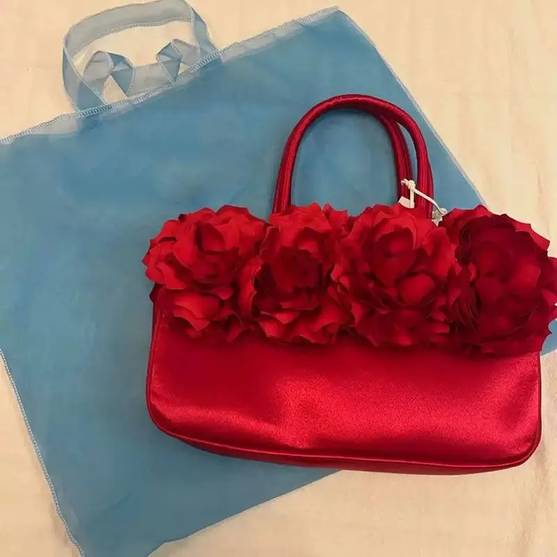 French Red  Rose Flower Elegant Underarm Bag Large Capacity Handbag Tote Bags Women Commute Shoulder Bag