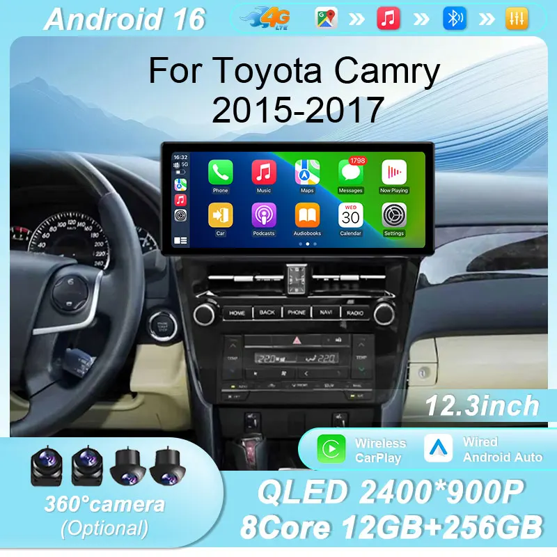 

12.3-дюймовая автомобильная магнитола на Android 16 для Toyota Camry 2015-2017 с беспроводным CarPlay, GPS, Bluetooth, Wi-Fi, DSP, IPS-экраном и сенсорным управлением, мультимедийный проигрыватель