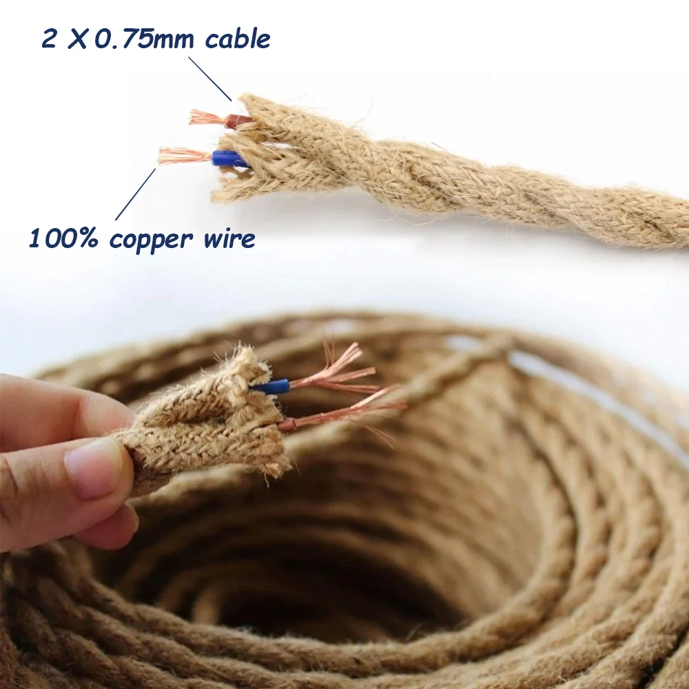 Genixgreen DIY Twisted Cord Lamp Base Rope Electrical Wire 2 Core 2M 3M E27 EU Plug Plastic Socket Vintage ON OFF Switch Cable