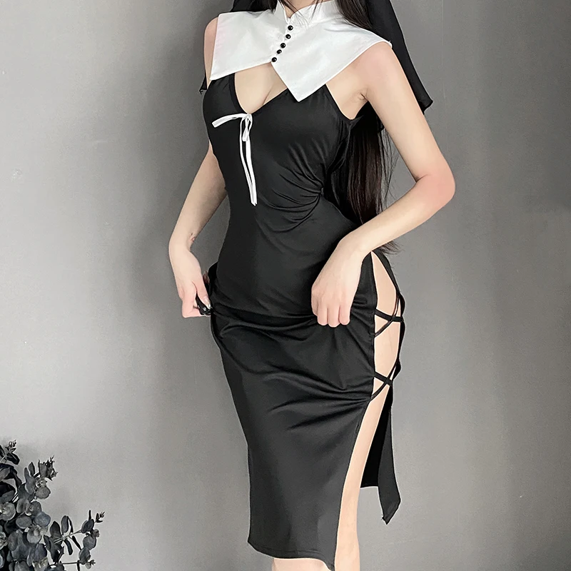 OJBK Nun Role Play Maid Cosplay Costume Suit Women Sexy Lingerie Dress Anime Nun Headgear Halloween Black Hollow Passion Uniform