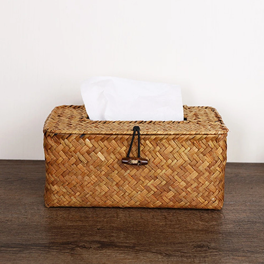 Rattan Wicker Woven Paper Storage Box Tissue Box Tissue Holder Napkin Cover Napkin Dispenser Square Seagrass Desktop Decor