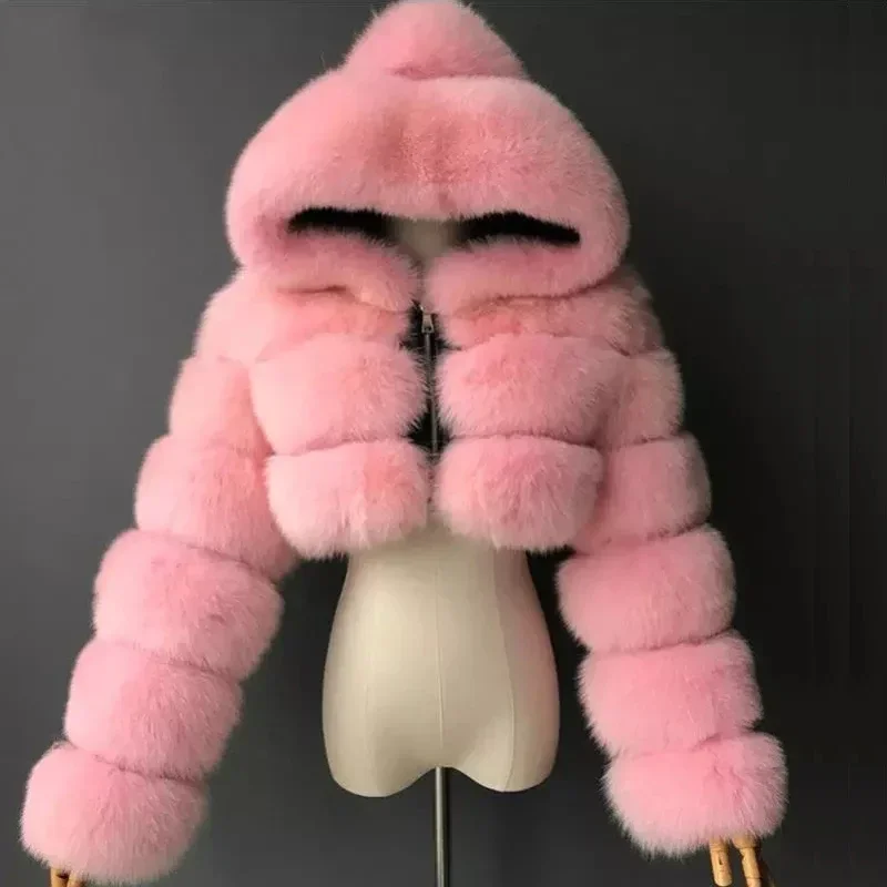 Hochwertige pelzige verkürzte Kunst pelz mäntel und Jacken Frauen flauschiger Dec klack mit Kapuze Winter pelz jacke Manteau Femme