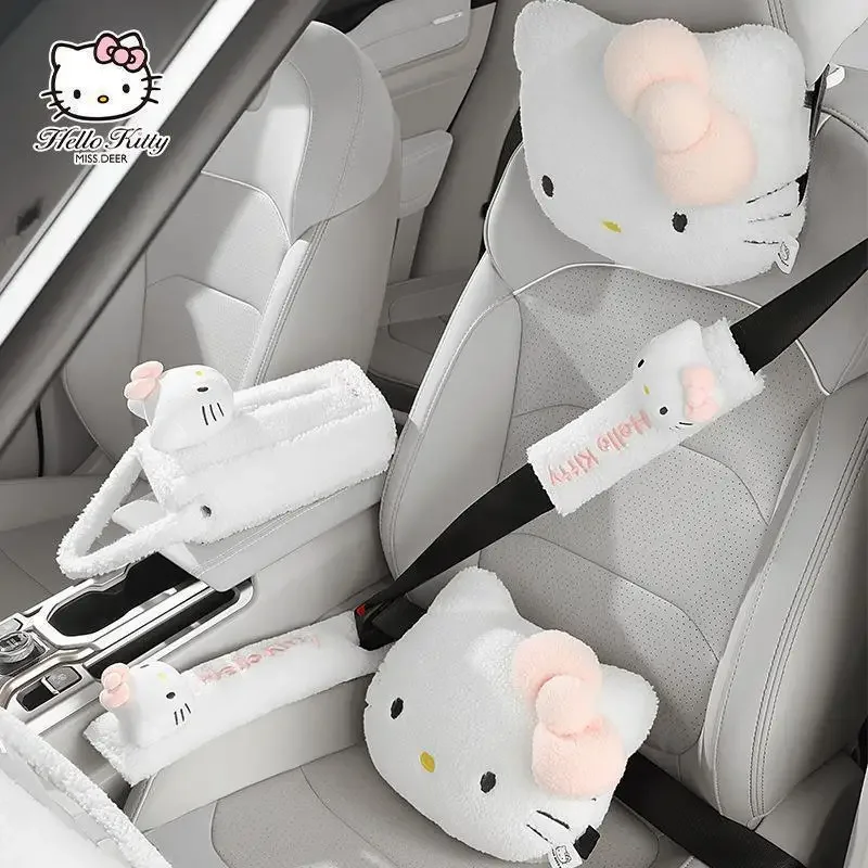 

Sanrio Car Steering Wheel Protective Cover Hello Kitty Kawaii Cartoon Headrest Waist Shoulder Car Accessories Set Gift